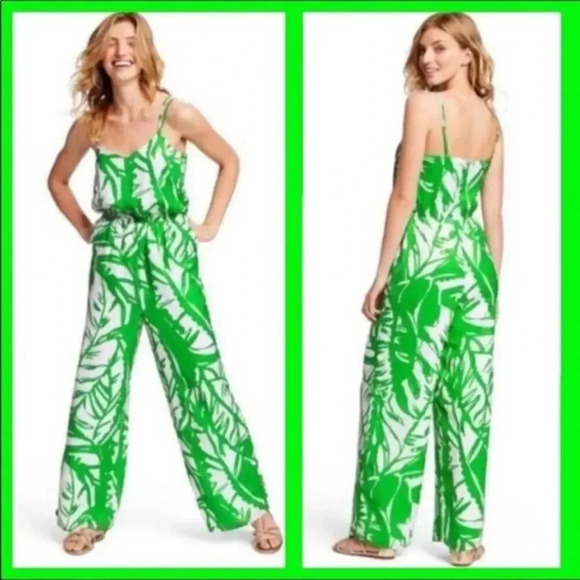 Lilly Pulitzer Boom Boom Jumpsuit Pants Outfit Green White Floral Leaf LP - Picture 1 of 7